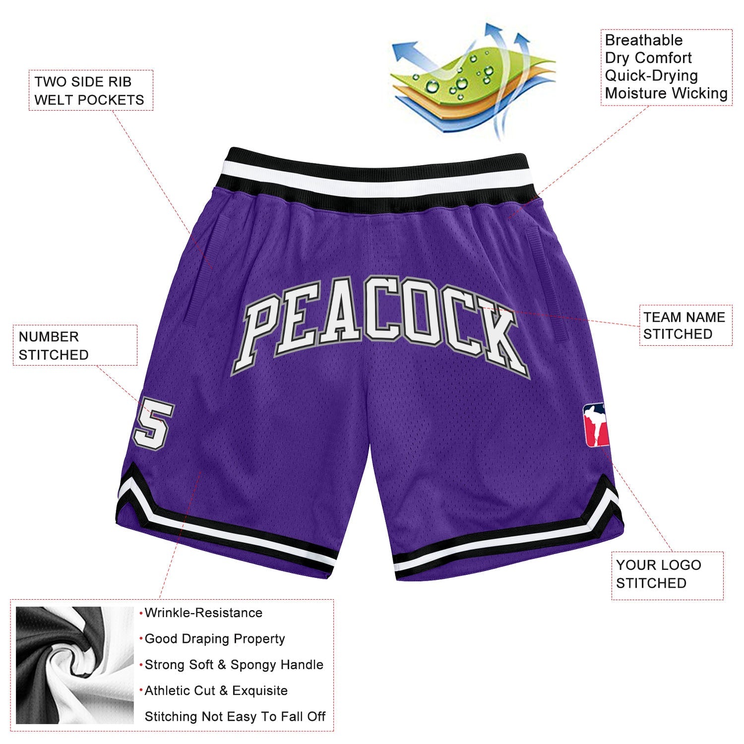 Custom Purple White-Black Authentic Throwback Basketball Shorts view 2