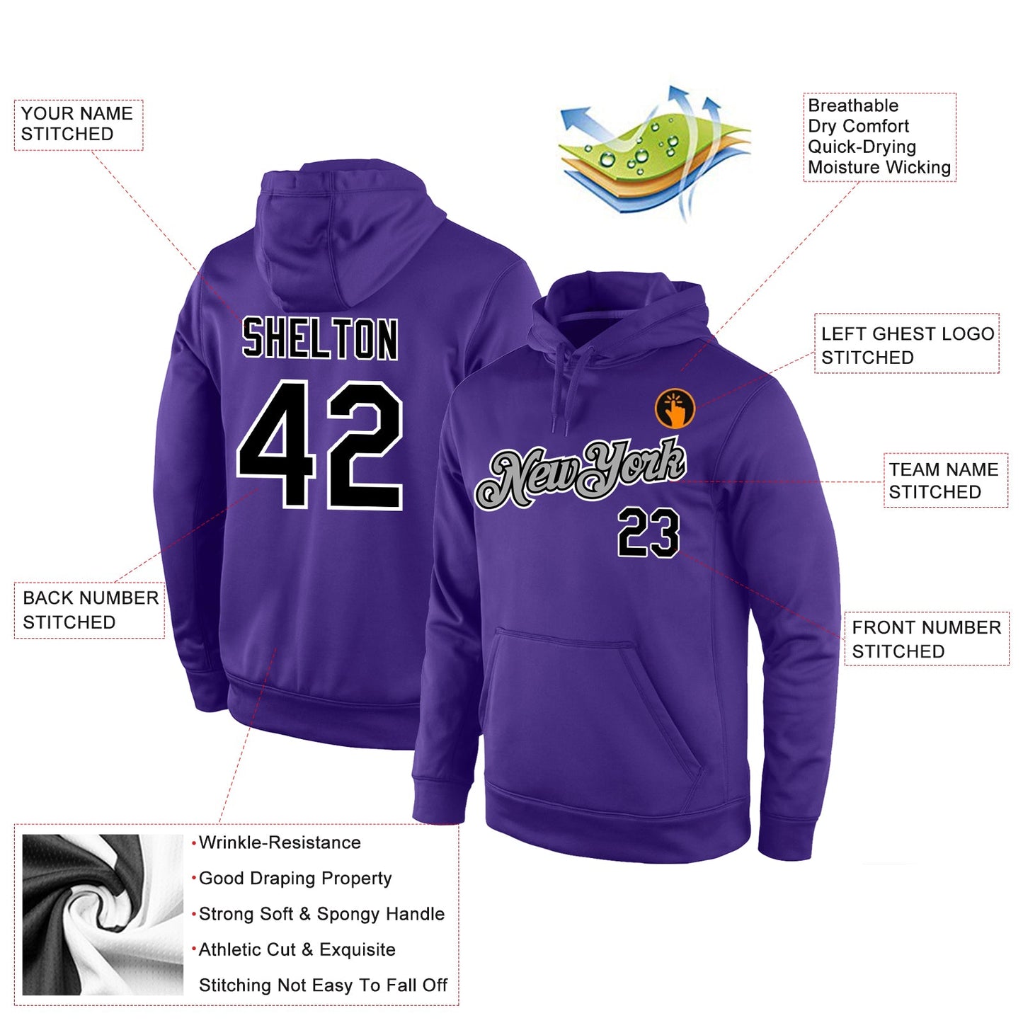 Custom Stitched Purple Black-Gray Sports Pullover Sweatshirt Hoodie view 4