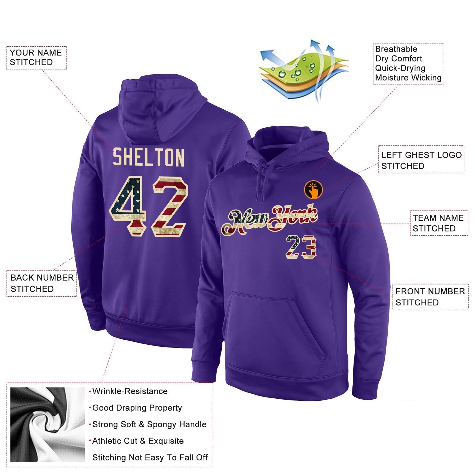 Custom Stitched Purple Vintage USA Flag-Cream Sports Pullover Sweatshirt Hoodie view 4