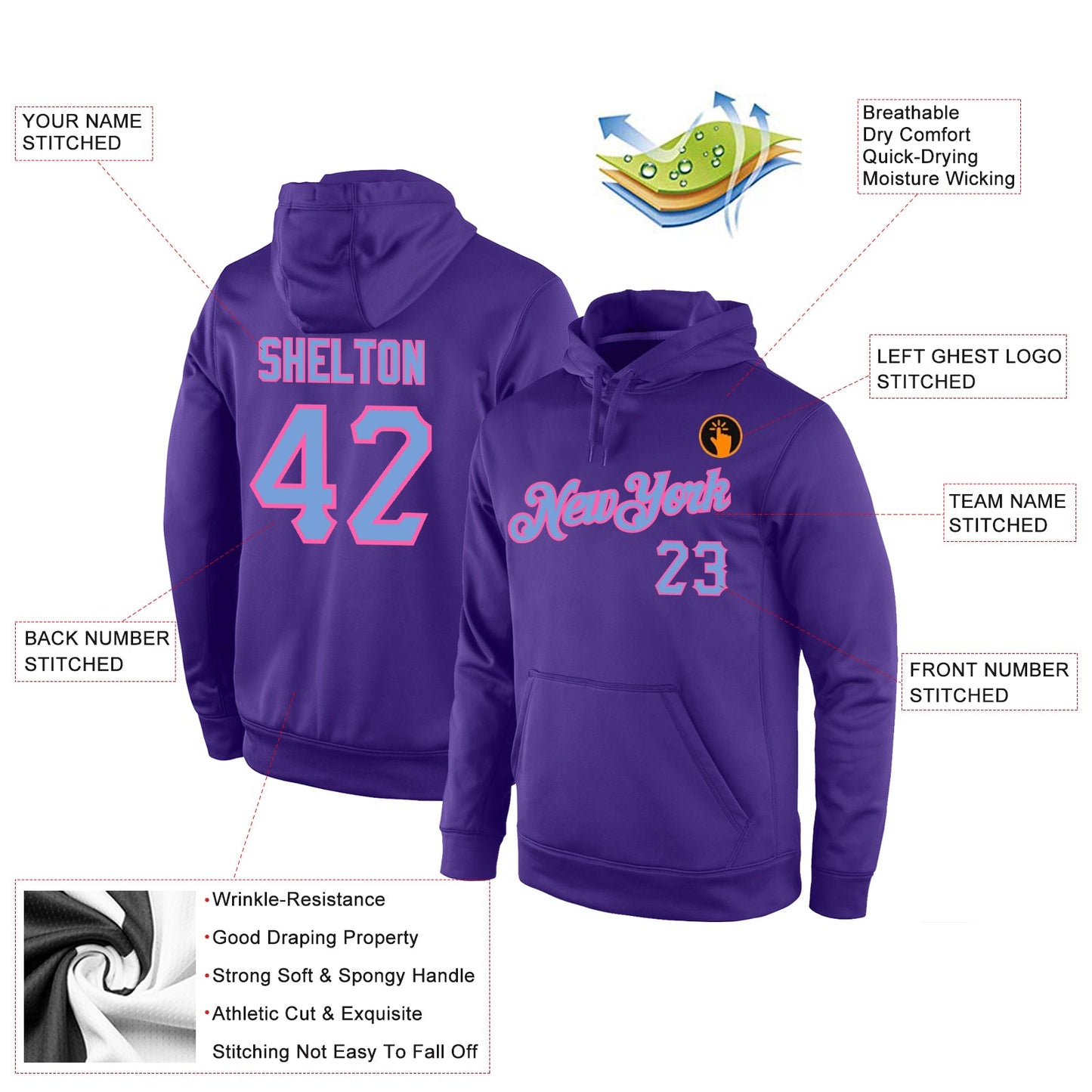 Custom Stitched Purple Light Blue-Pink Sports Pullover Sweatshirt Hoodie view 4