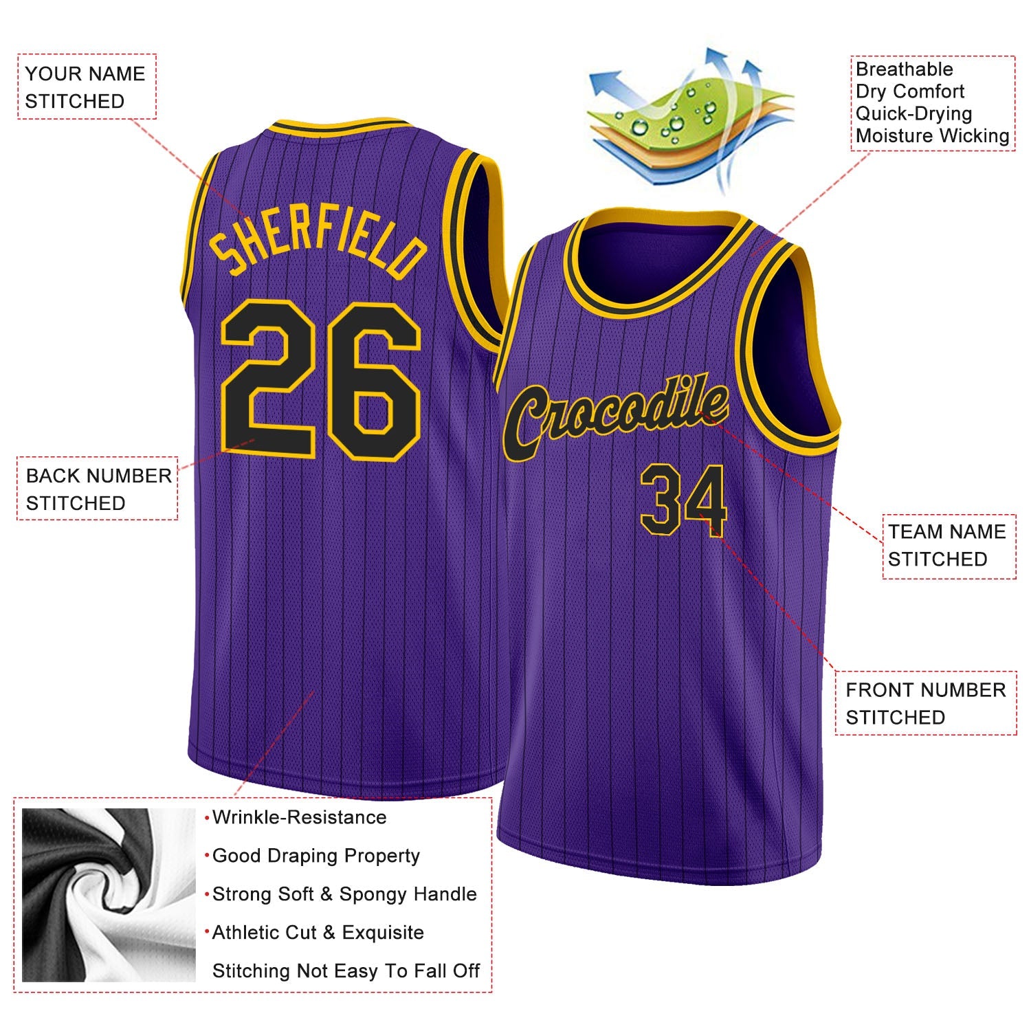 Custom Purple Black Pinstripe Black-Gold Authentic Basketball Jersey view 2