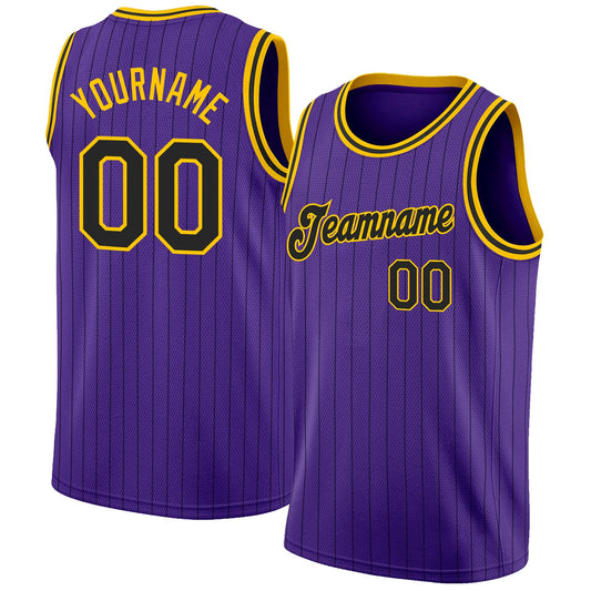 Custom Purple Black Pinstripe Black-Gold Authentic Basketball Jersey - Main View