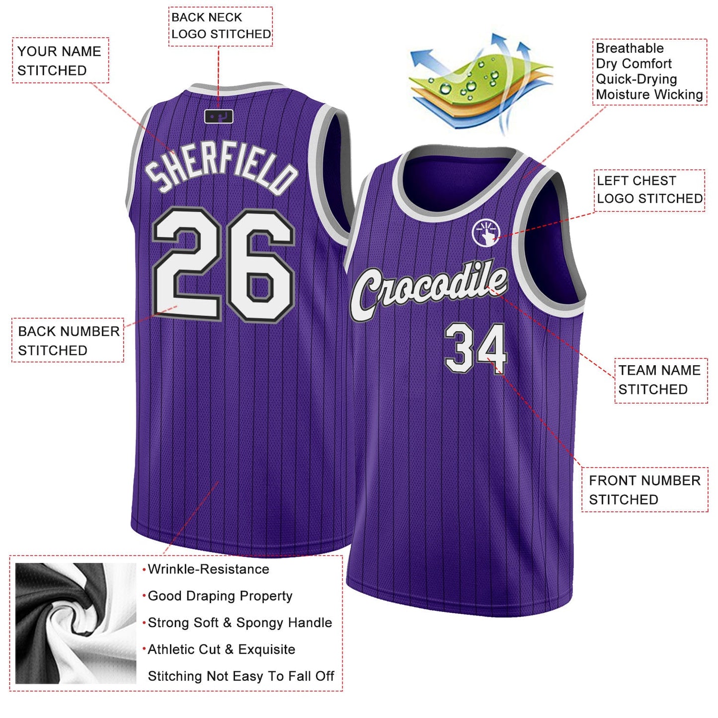 Custom Purple Black Pinstripe White-Gray Authentic Basketball Jersey view 2