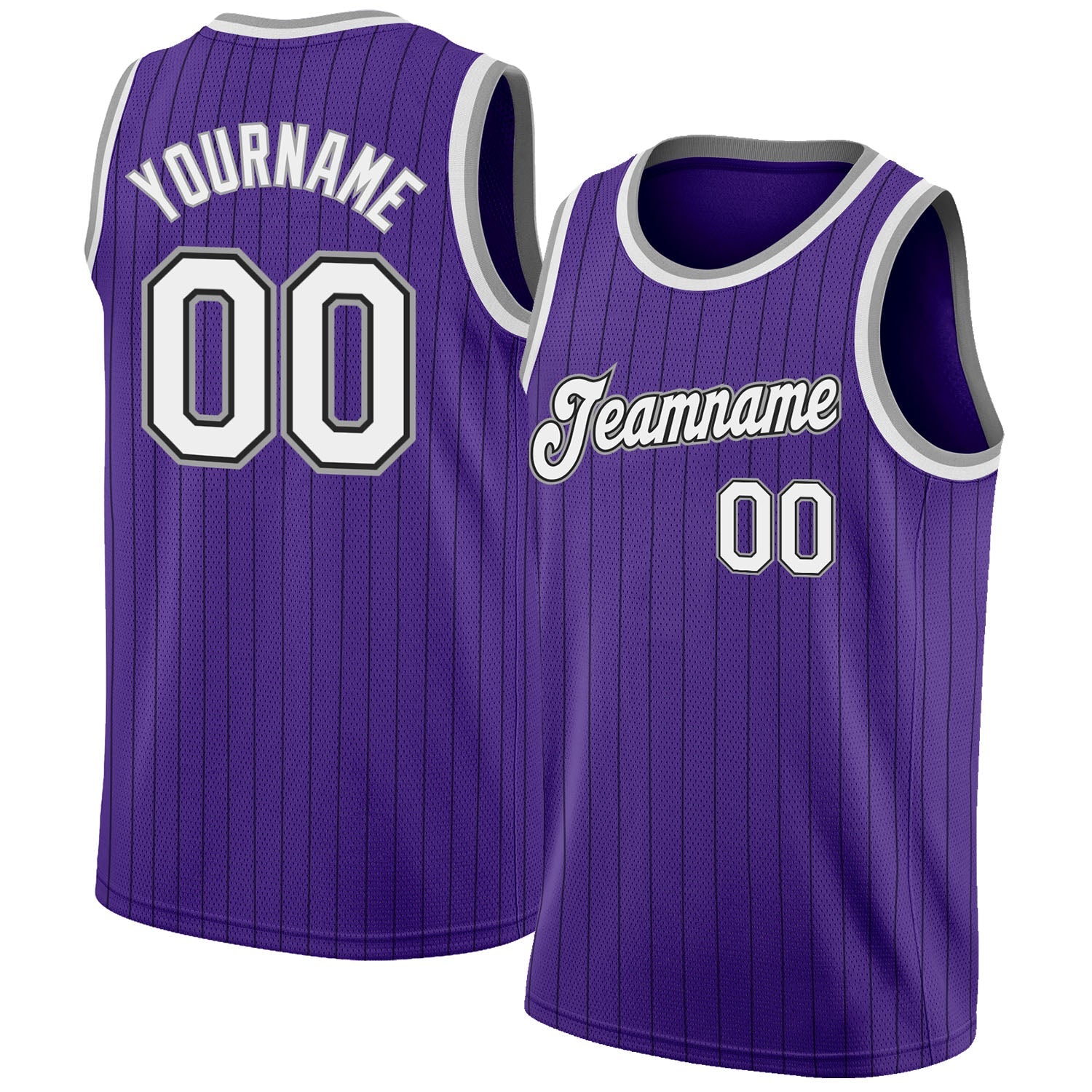 Custom Purple Black Pinstripe White-Gray Authentic Basketball Jersey - Main View