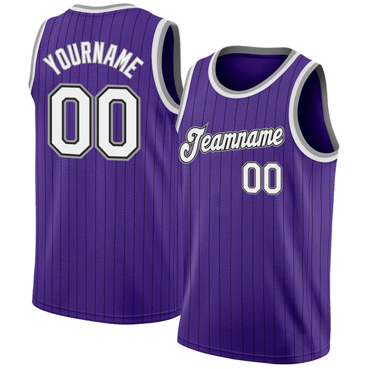 Custom Purple Black Pinstripe White-Gray Authentic Basketball Jersey - Main View