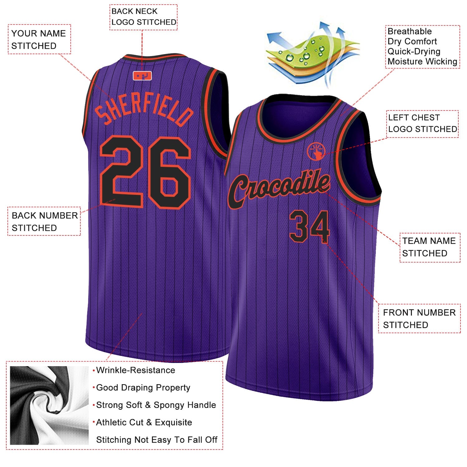 Custom Purple Black Pinstripe Black-Orange Authentic Basketball Jersey view 2