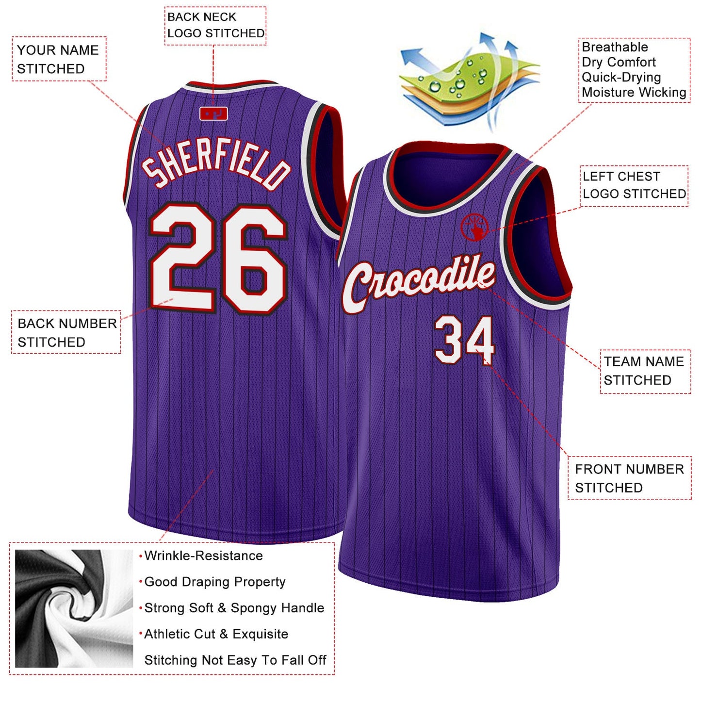 Custom Purple Black Pinstripe White-Red Authentic Basketball Jersey view 2