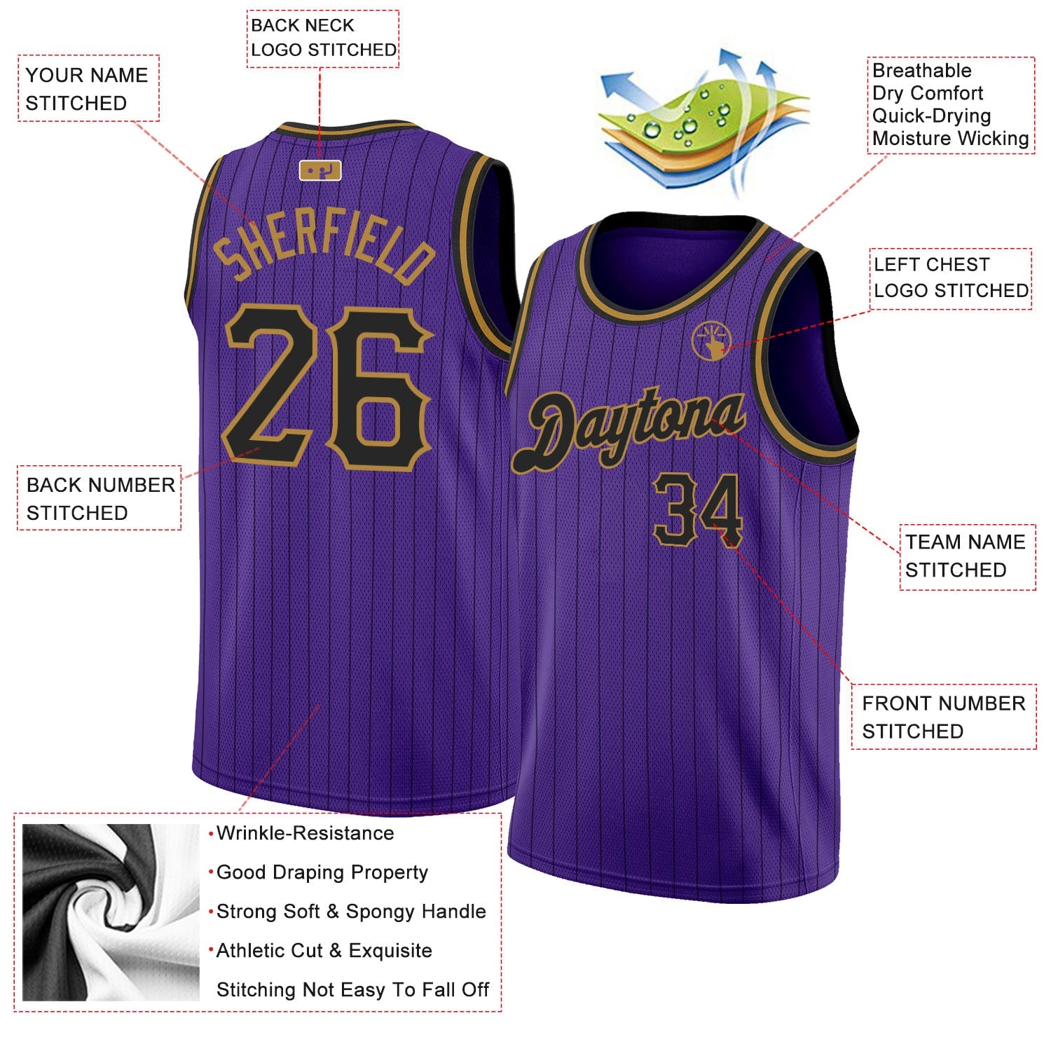 Custom Purple Black Pinstripe Black-Old Gold Authentic Basketball Jersey view 2