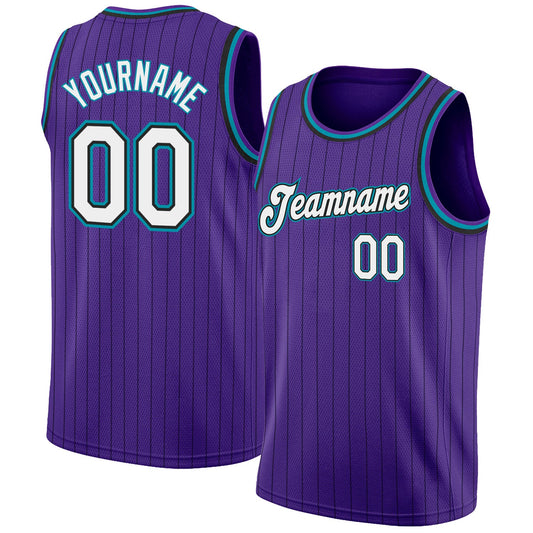 Custom Purple Black Pinstripe White-Teal Authentic Basketball Jersey - Main View