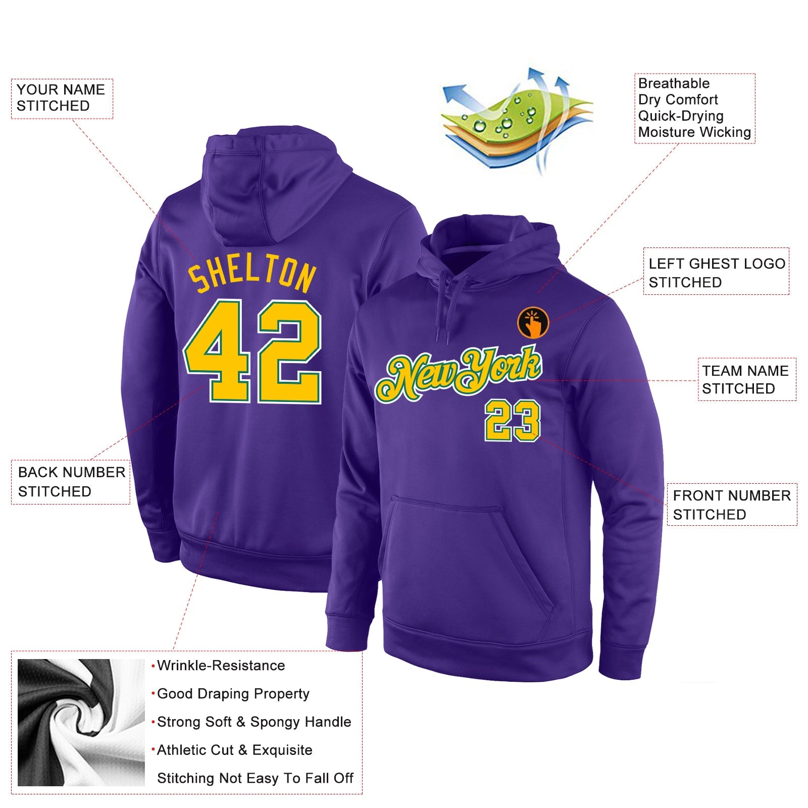 Custom Stitched Purple Gold-Kelly Green Sports Pullover Sweatshirt Hoodie view 4