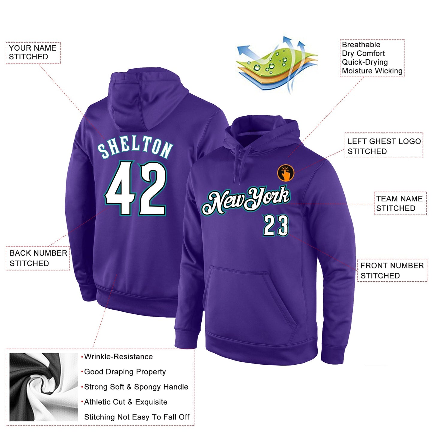 Custom Stitched Purple White-Aqua Sports Pullover Sweatshirt Hoodie view 4