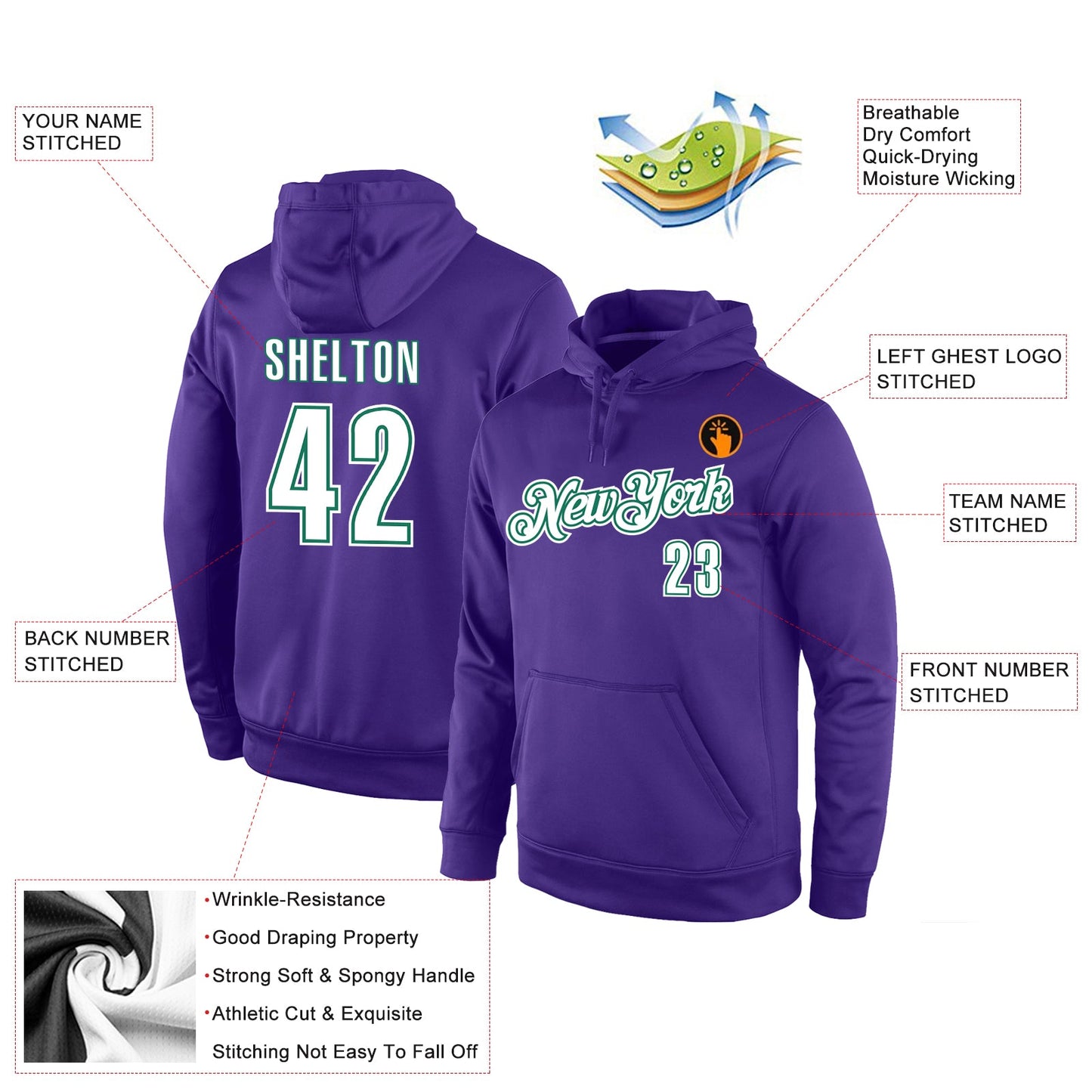 Custom Stitched Purple White-Kelly Green Sports Pullover Sweatshirt Hoodie view 4