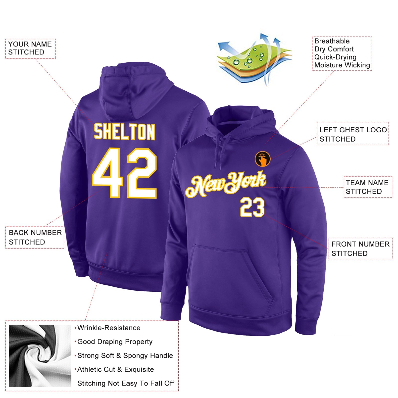 Custom Stitched Purple White-Gold Sports Pullover Sweatshirt Hoodie view 4