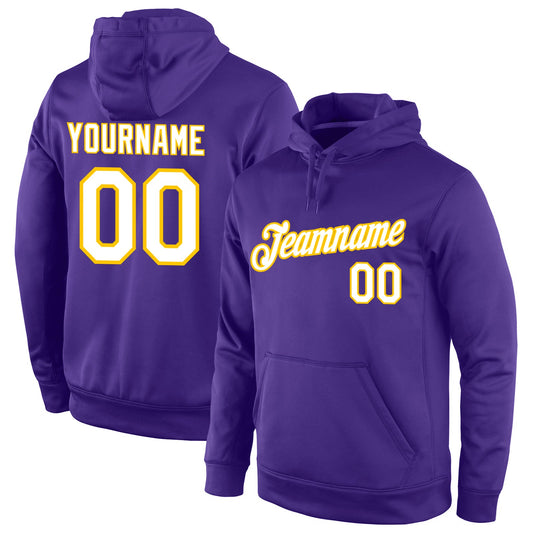 Custom Stitched Purple White-Gold Sports Pullover Sweatshirt Hoodie - Main View