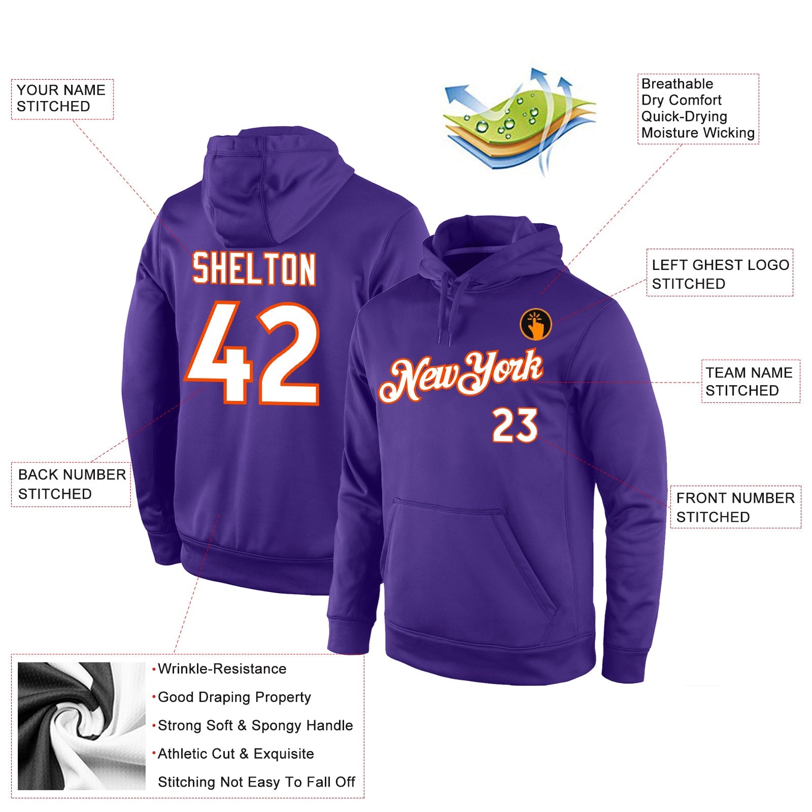 Custom Stitched Purple White-Orange Sports Pullover Sweatshirt Hoodie view 4