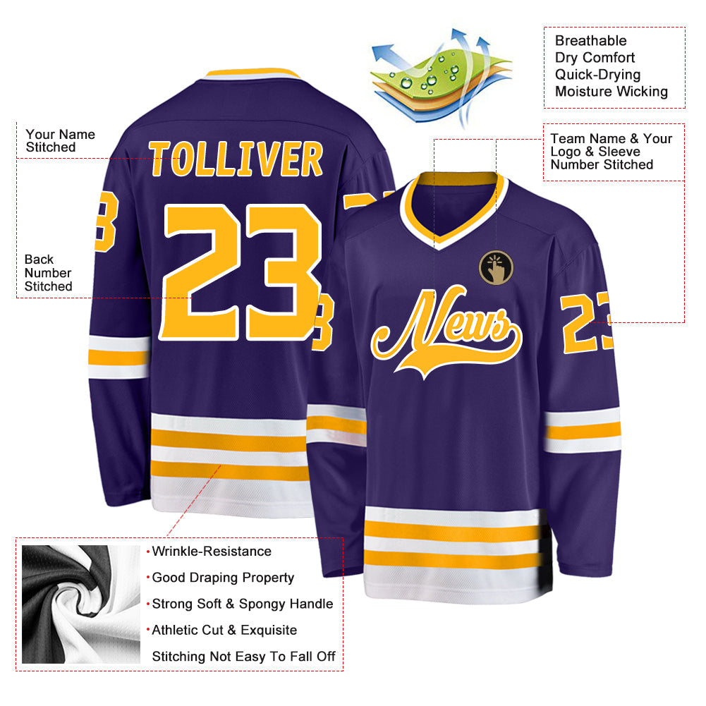 Custom Purple Gold-White Hockey Jersey view 5