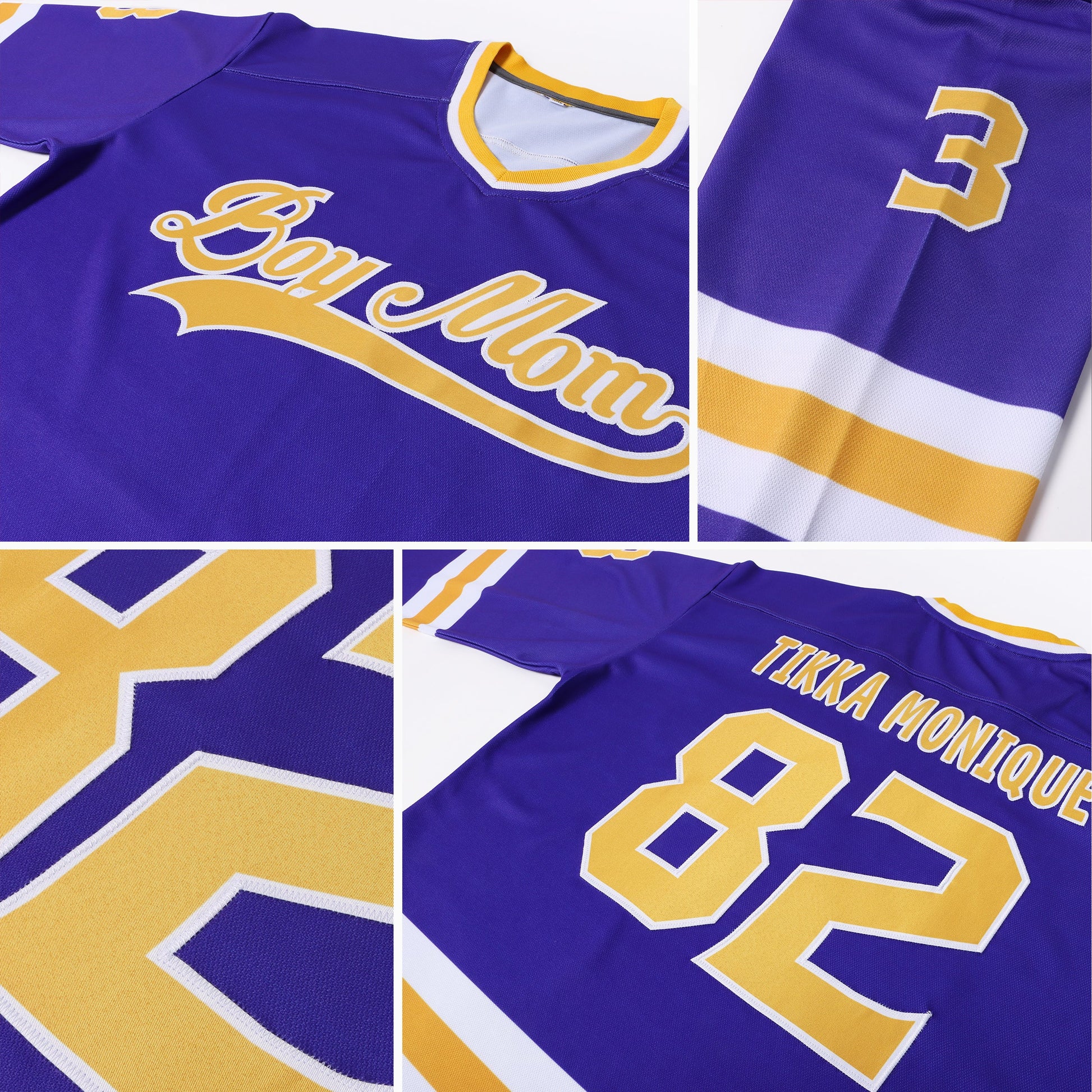 Custom Purple Gold-White Hockey Jersey view 8