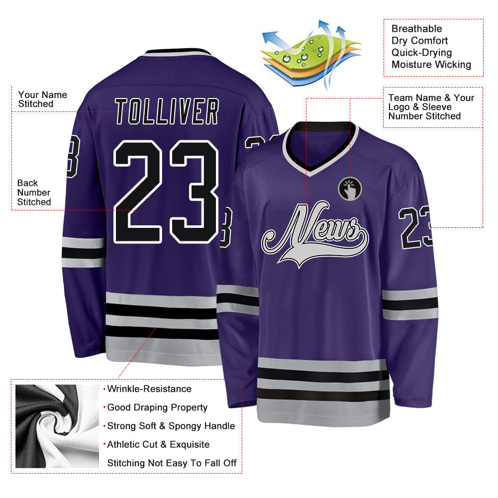 Custom Purple Black-Gray Hockey Jersey view 4
