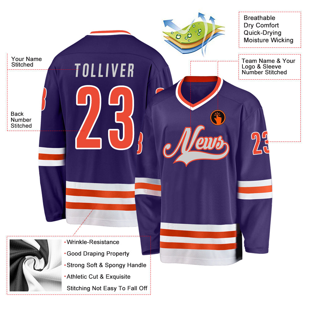 Custom Purple Orange-White Hockey Jersey view 4