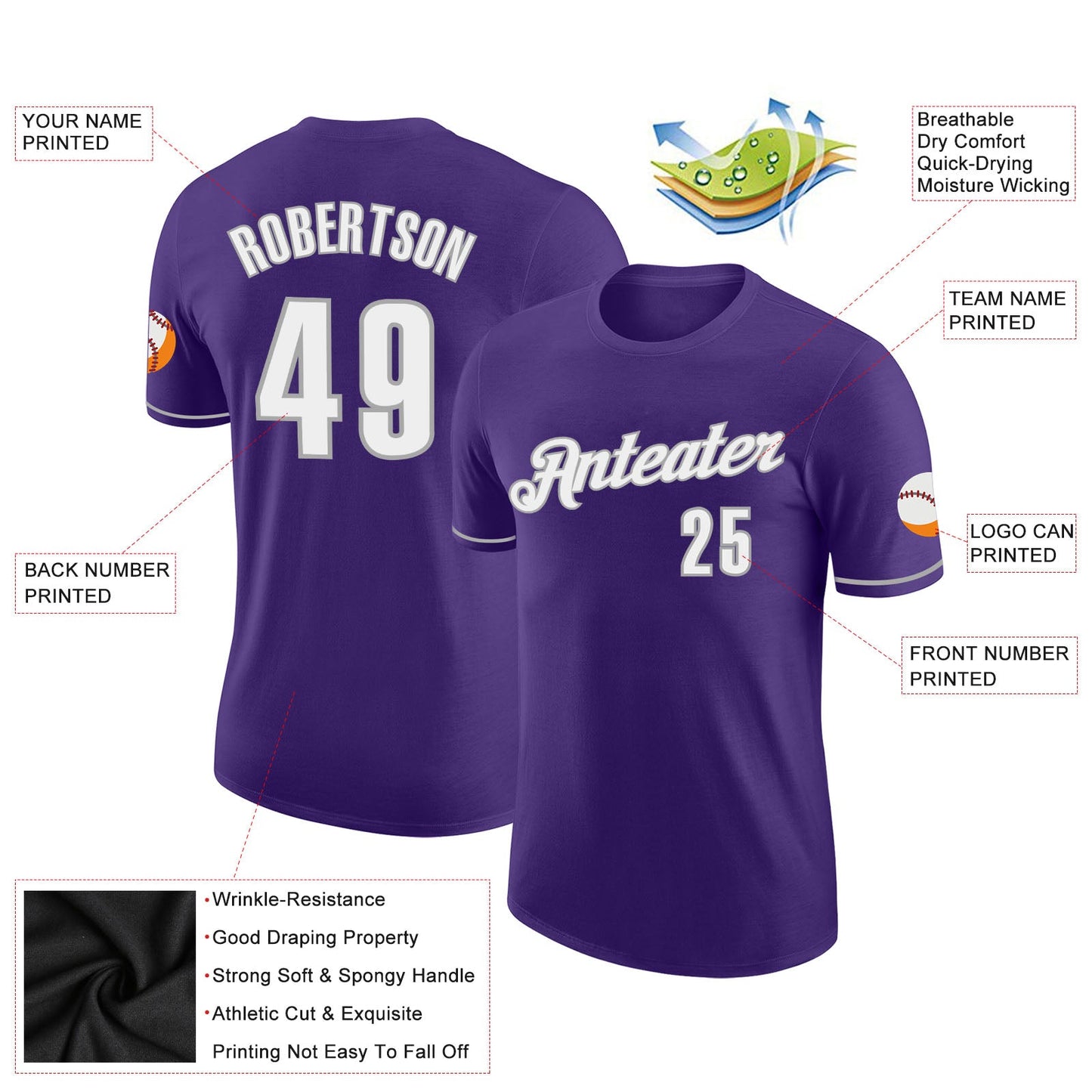 Custom Purple White-Gray Performance T-Shirt view 2