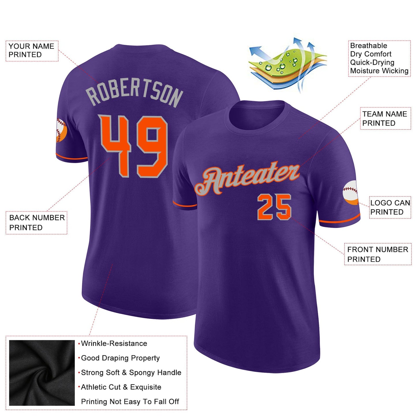 Custom Purple Orange-Gray Performance T-Shirt view 2