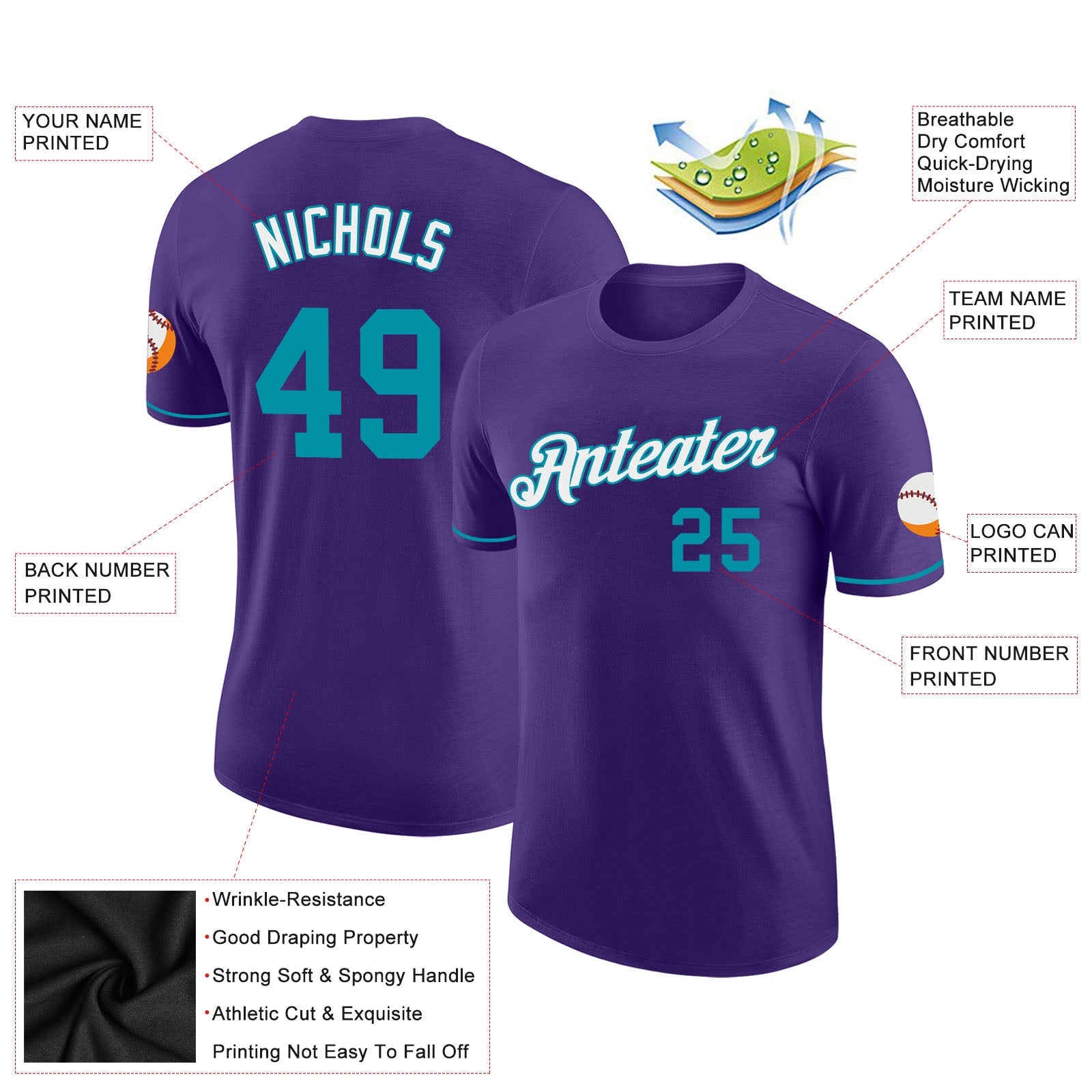 Custom Purple Teal-White Performance T-Shirt view 3