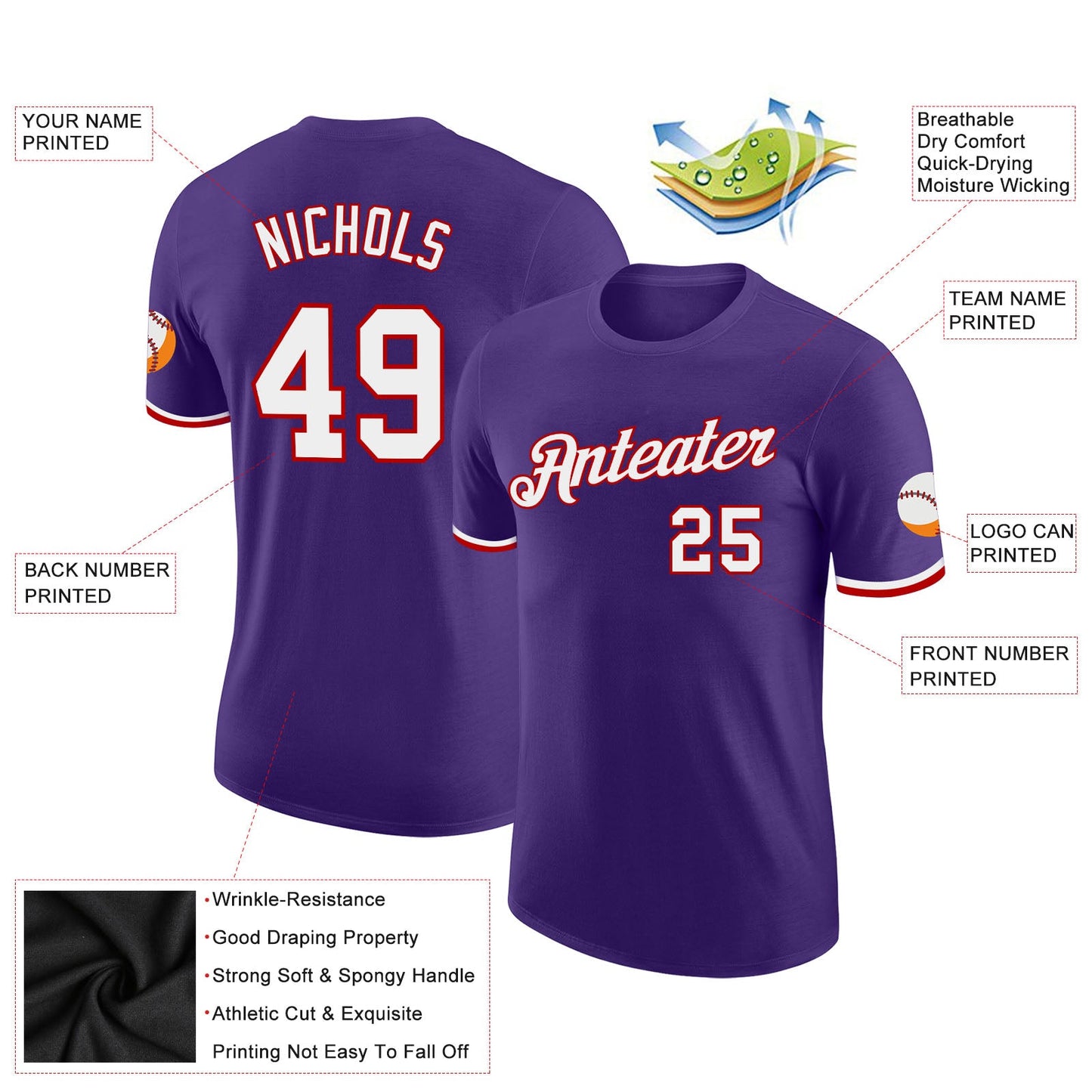 Custom Purple White-Red Performance T-Shirt view 2