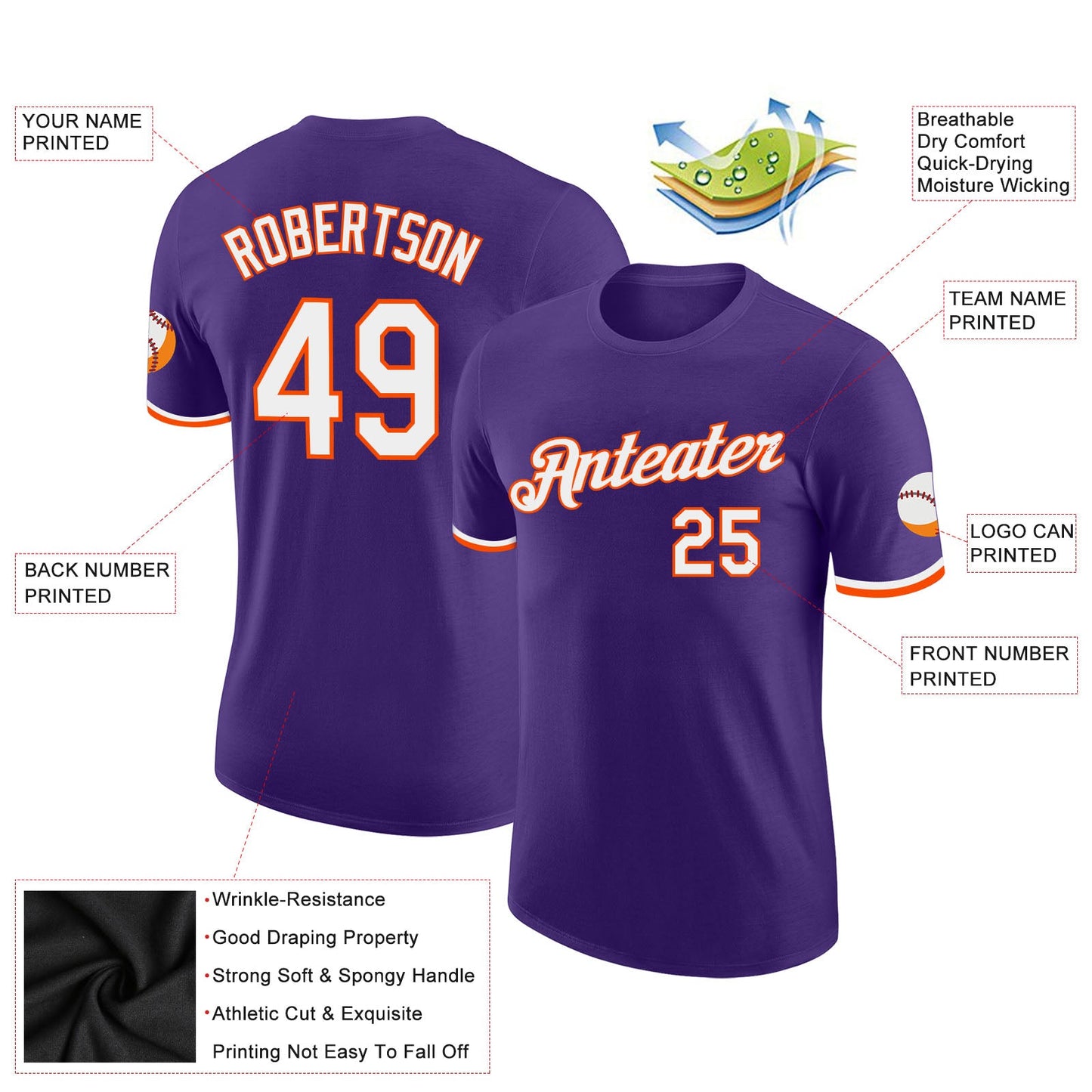Custom Purple White-Orange Performance T-Shirt view 2