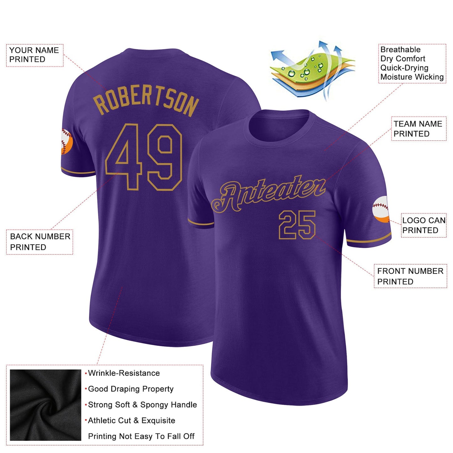 Custom Purple Purple-Old Gold Performance T-Shirt view 2