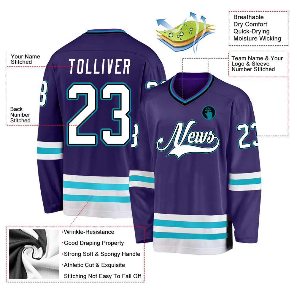 Custom Purple White-Teal Hockey Jersey view 2