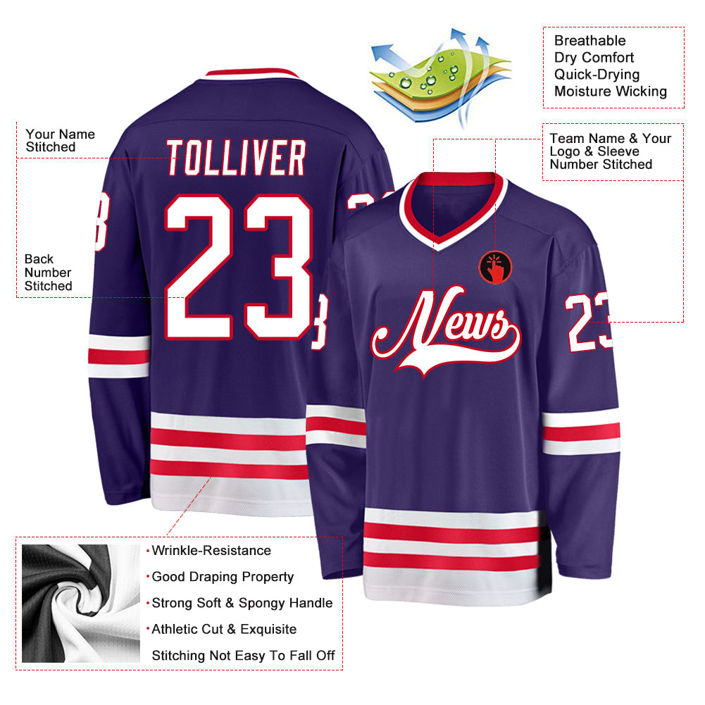 Custom Purple White-Red Hockey Jersey view 2
