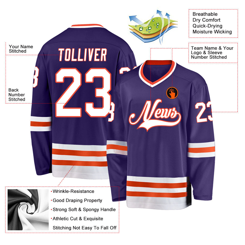 Custom Purple White-Orange Hockey Jersey view 2