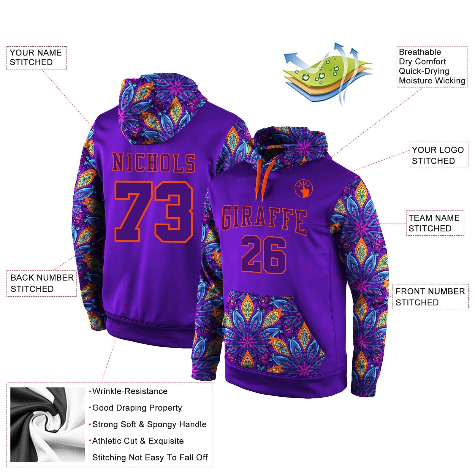 Custom Stitched Purple Purple-Orange 3D Pattern Design Sports Pullover Sweatshirt Hoodie view 2