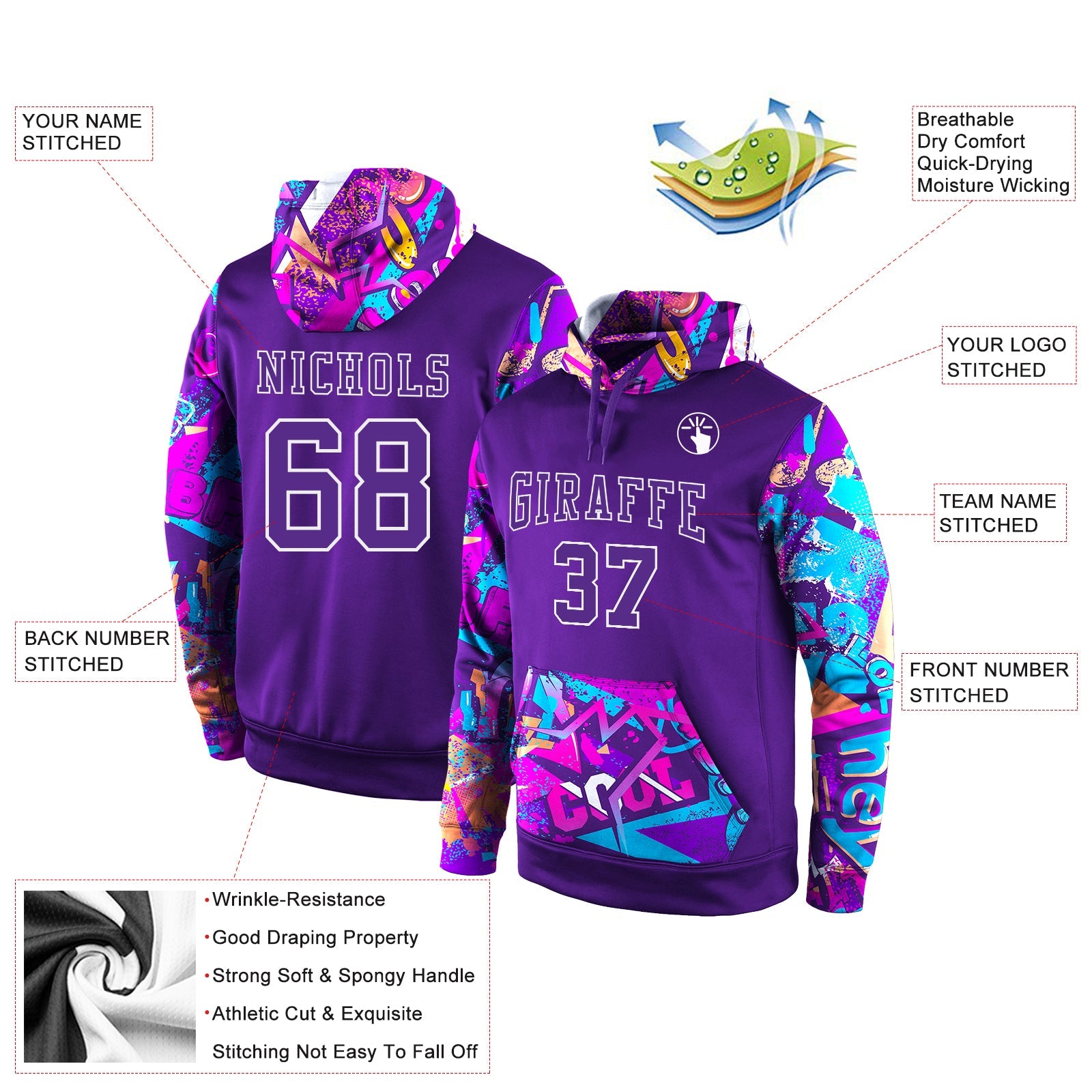 Custom Stitched Purple Purple-White 3D Pattern Design Sports Pullover Sweatshirt Hoodie view 2