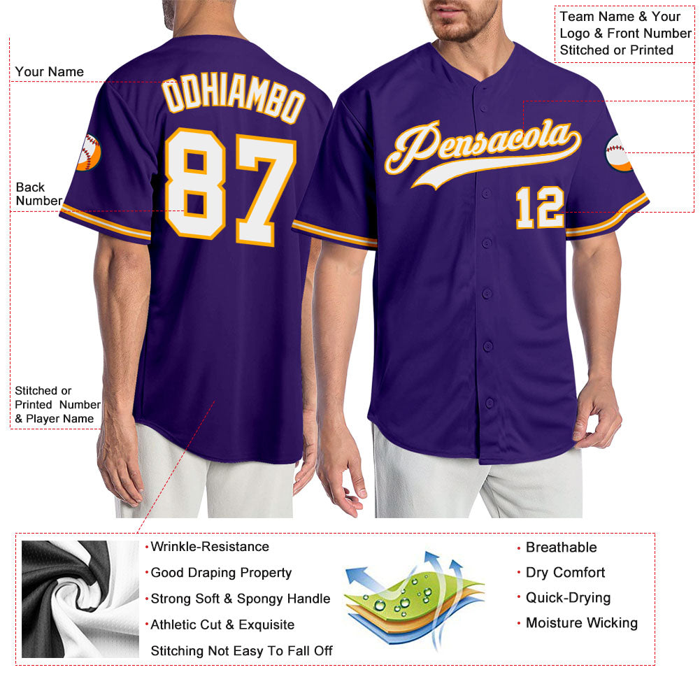 Custom Purple White-Gold Authentic Baseball Jersey view 3