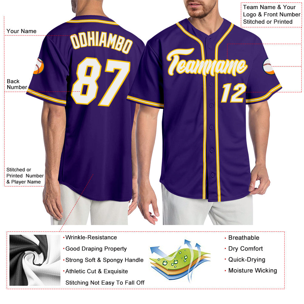 Custom Purple White-Gold Authentic Baseball Jersey view 3