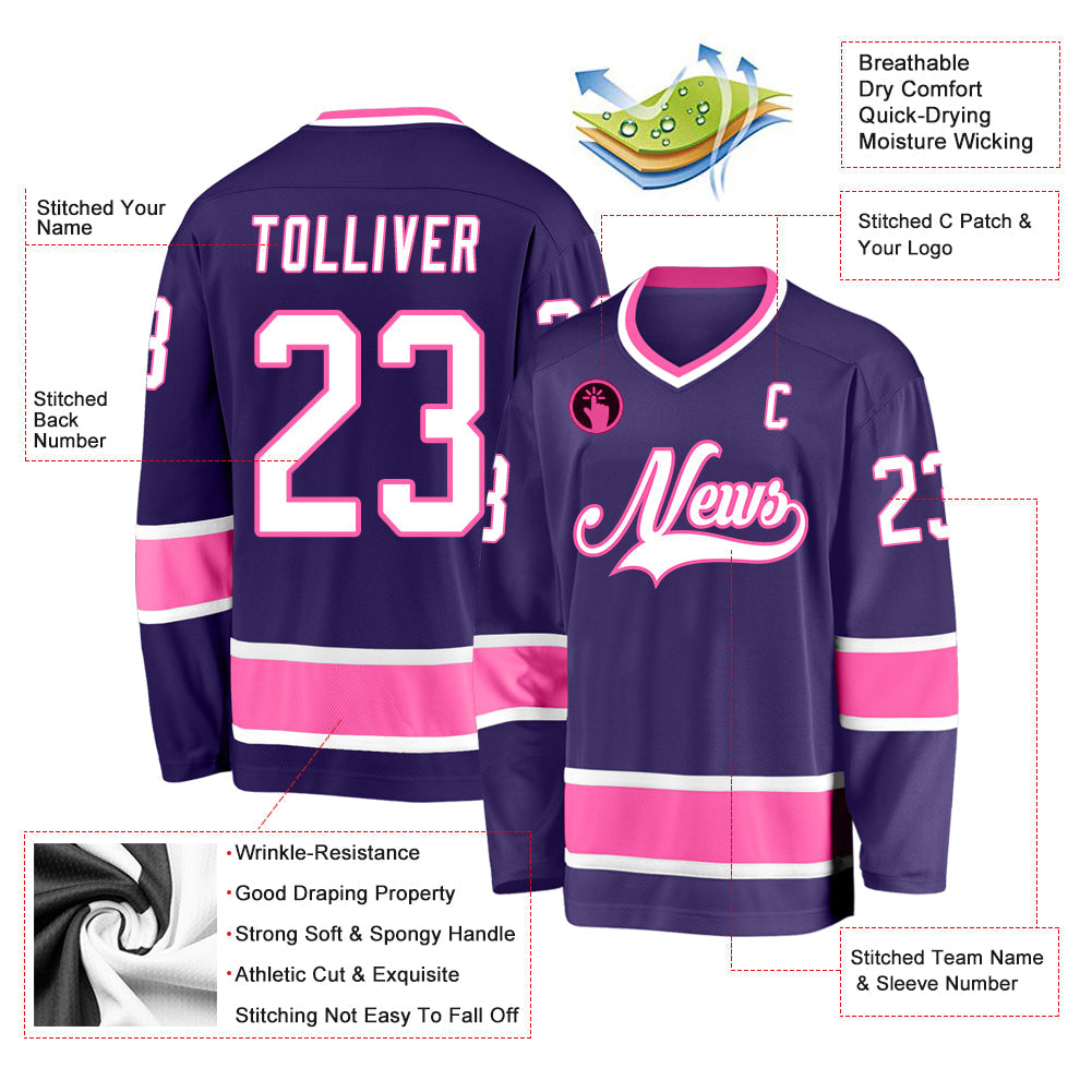 Custom Purple White-Pink Hockey Jersey view 3