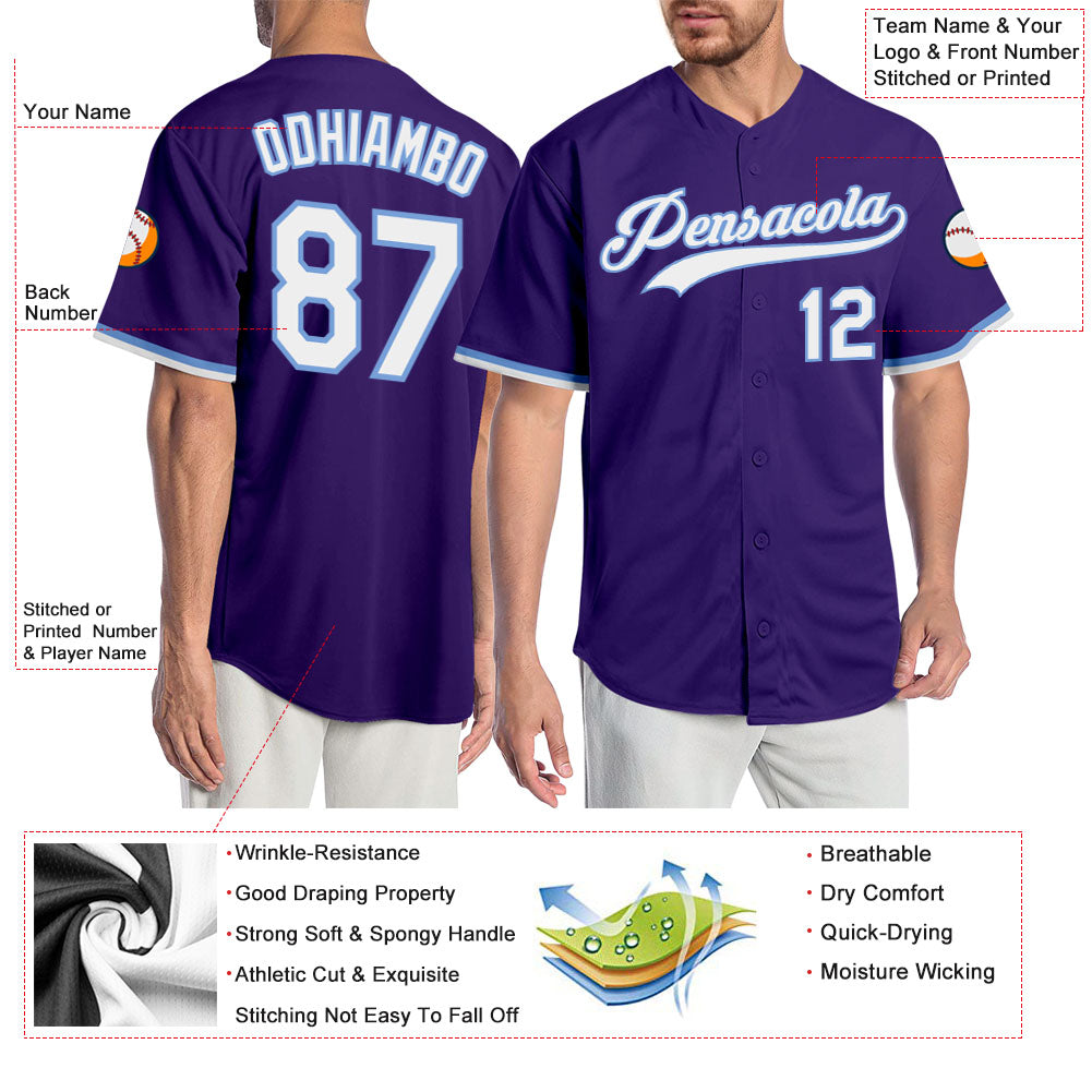 Custom Purple White-Light Blue Authentic Baseball Jersey view 3