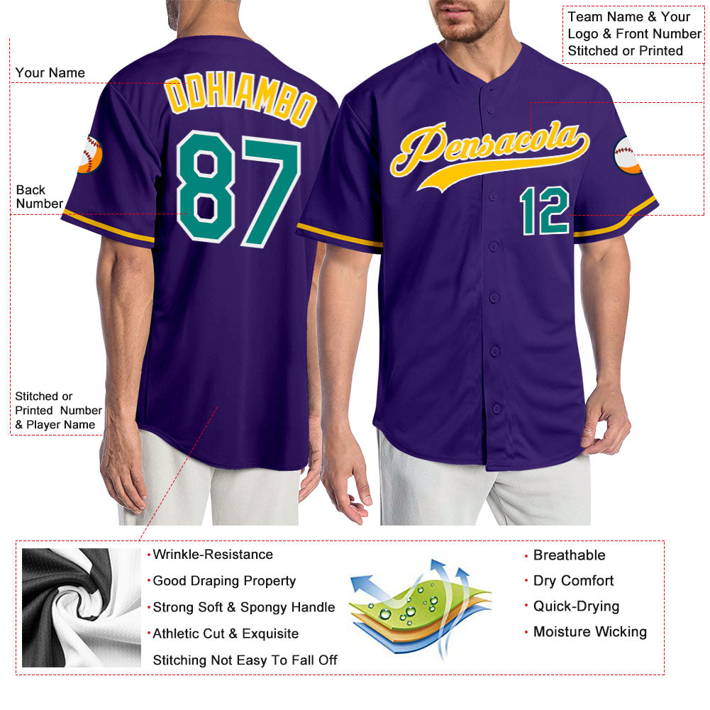 Custom Purple Aqua-Gold Authentic Baseball Jersey view 3