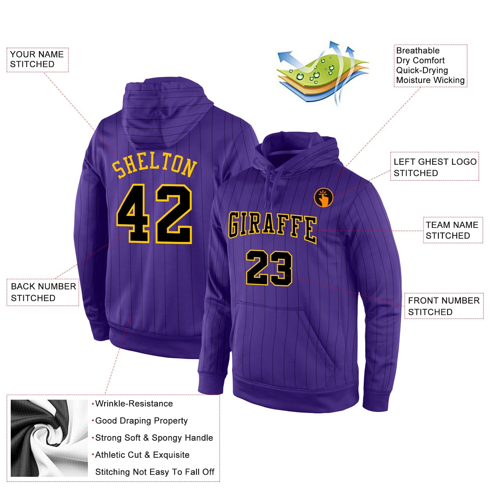 Custom Stitched Purple Black Pinstripe Black-Gold Sports Pullover Sweatshirt Hoodie view 2