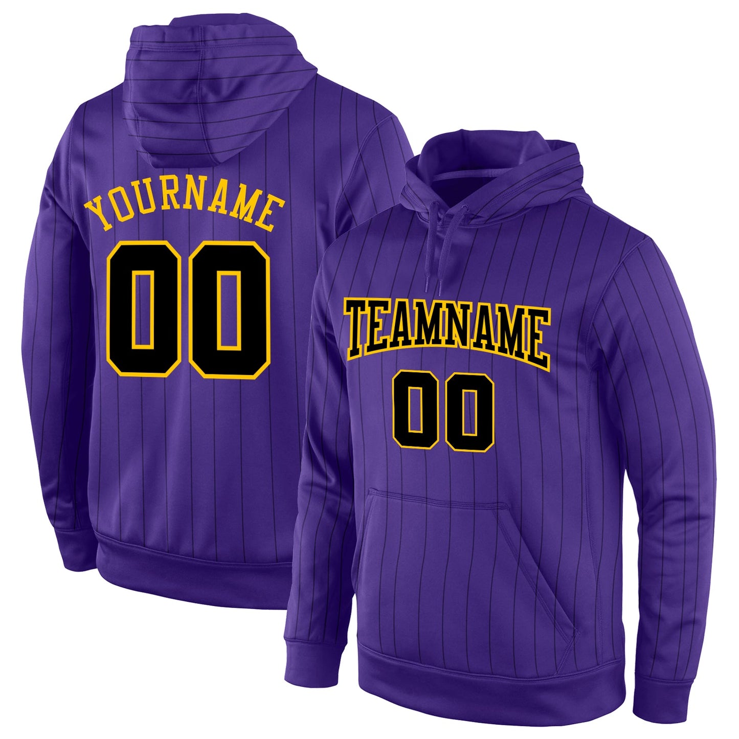 Custom Stitched Purple Black Pinstripe Black-Gold Sports Pullover Sweatshirt Hoodie - Main View