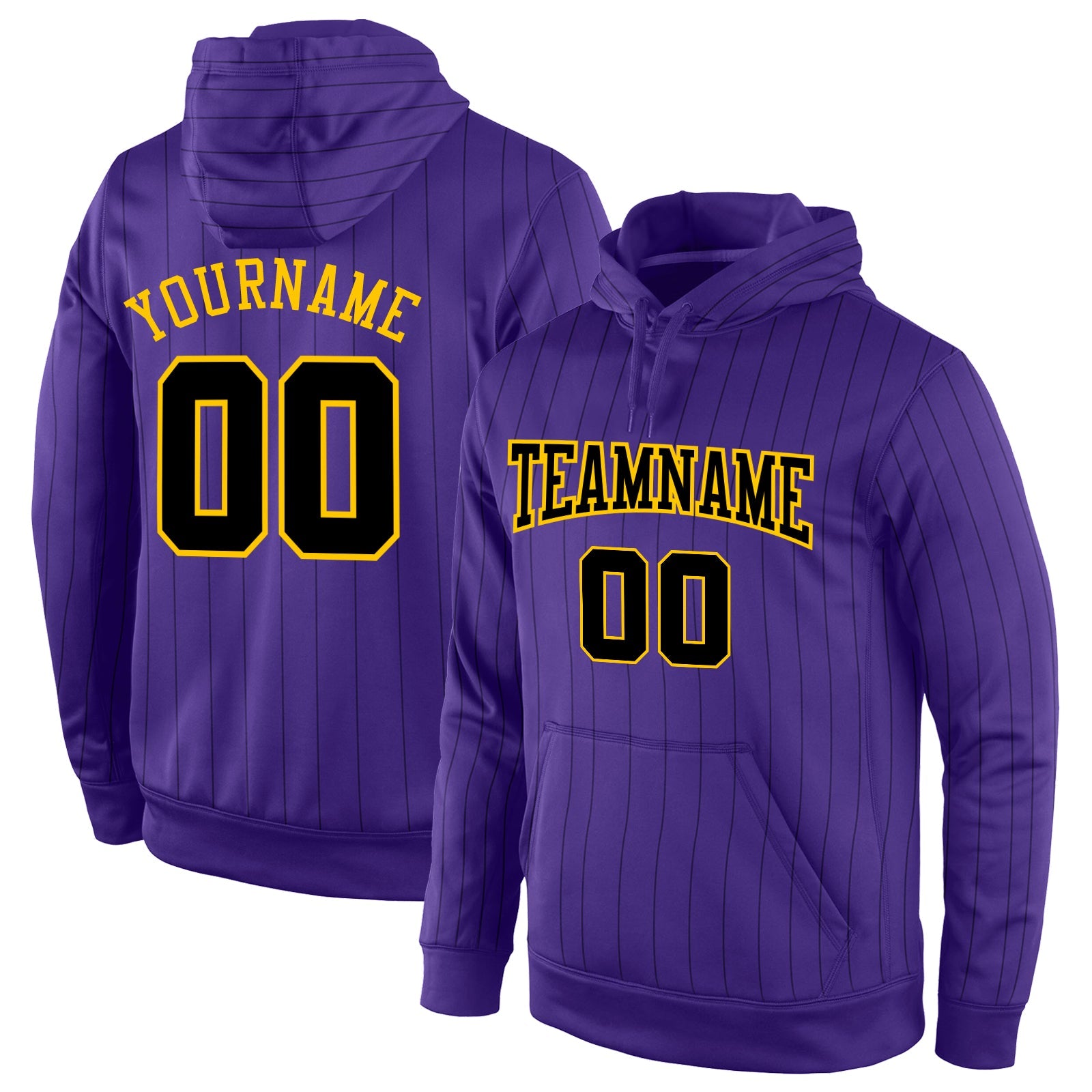 Custom Stitched Purple Black Pinstripe Black-Gold Sports Pullover Sweatshirt Hoodie - Main View