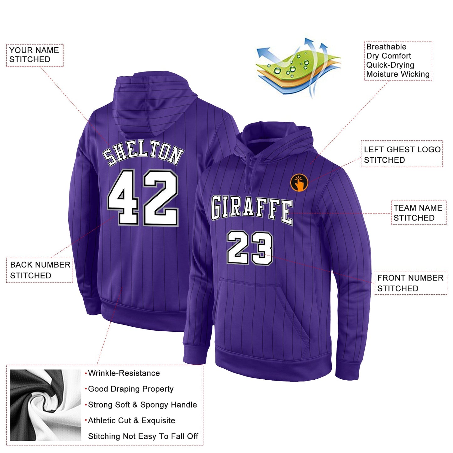 Custom Stitched Purple Black Pinstripe White-Gray Sports Pullover Sweatshirt Hoodie view 2