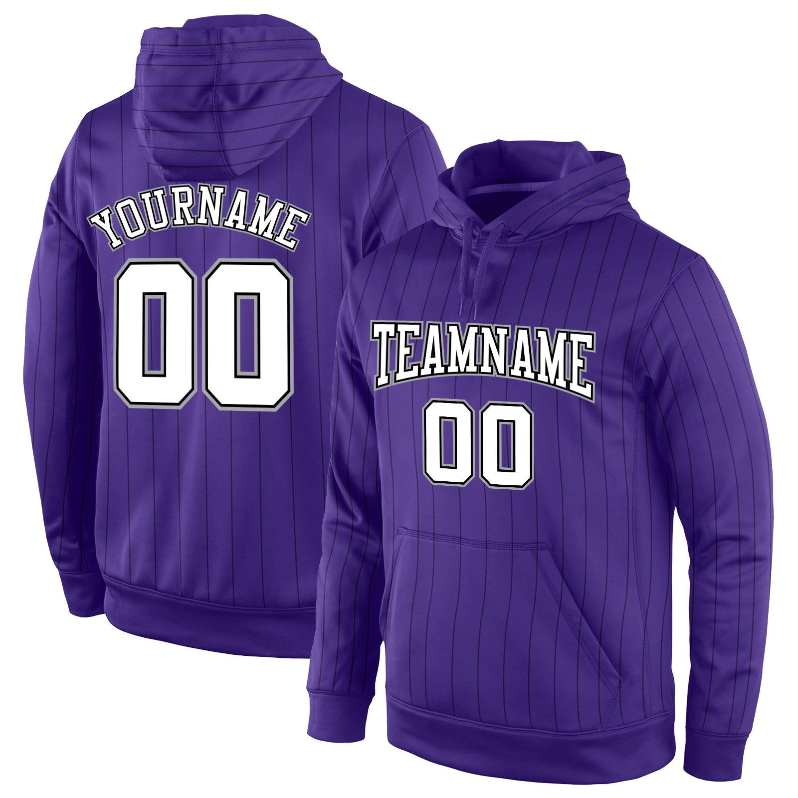 Custom Stitched Purple Black Pinstripe White-Gray Sports Pullover Sweatshirt Hoodie - Main View
