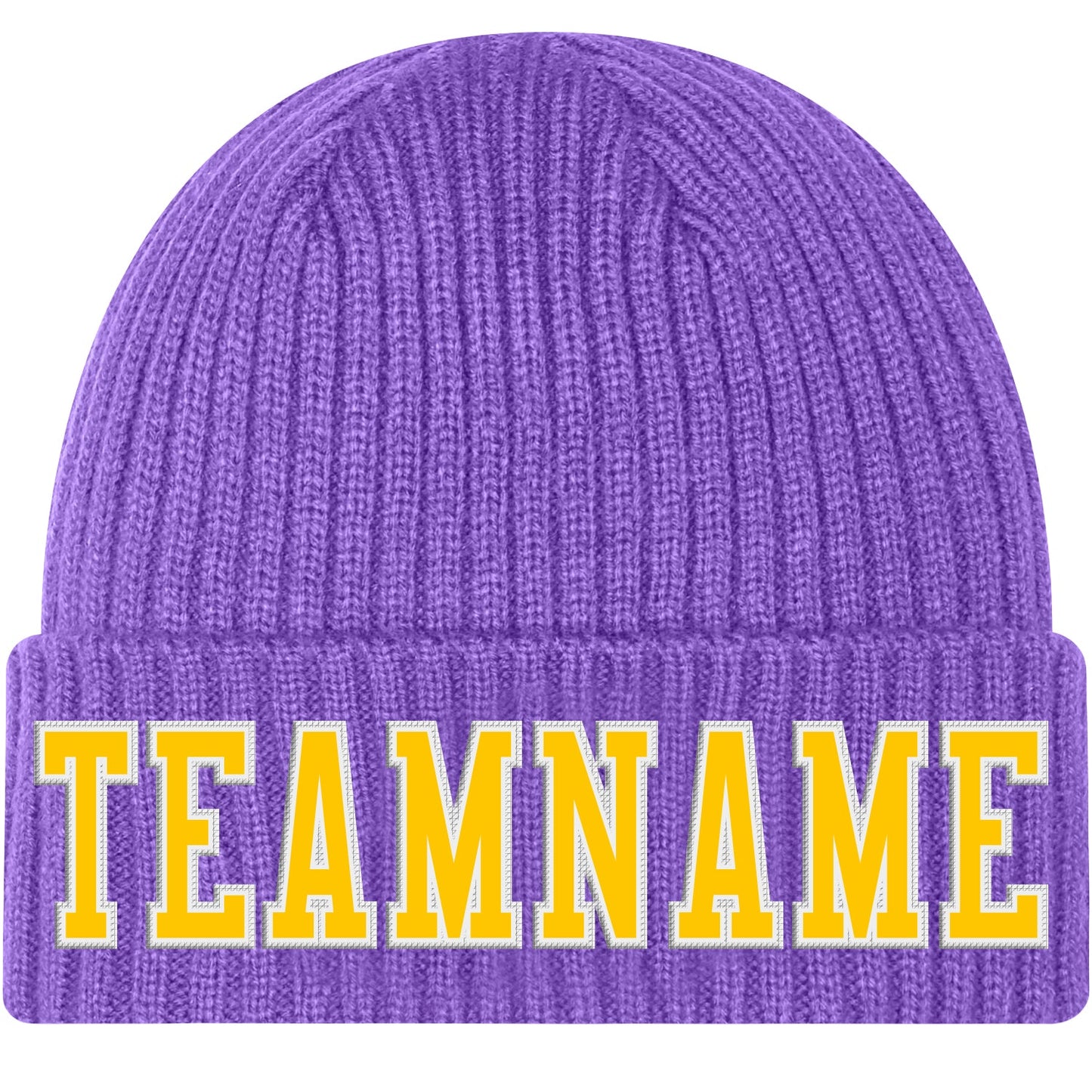 Custom Purple Gold-White Stitched Cuffed Knit Hat - Main View
