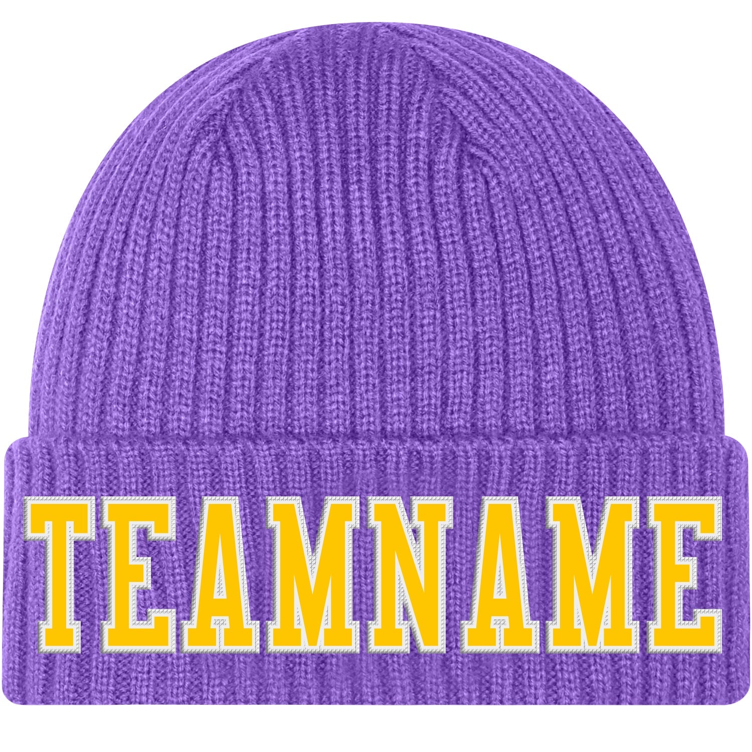 Custom Purple Gold-White Stitched Cuffed Knit Hat - Main View