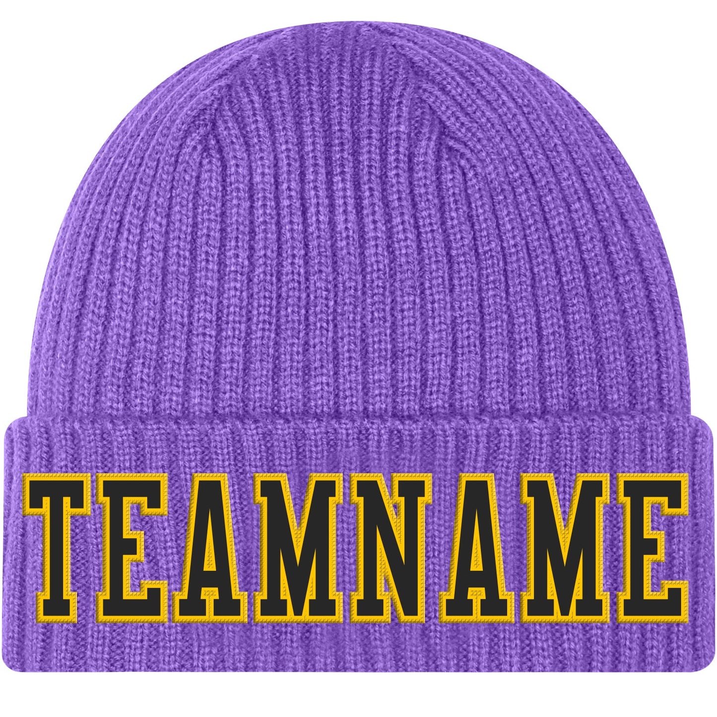 Custom Purple Black-Gold Stitched Cuffed Knit Hat - Main View