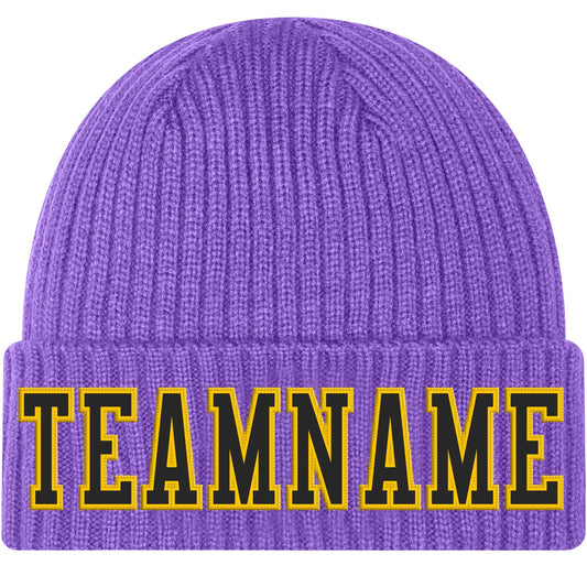 Custom Purple Black-Gold Stitched Cuffed Knit Hat - Main View