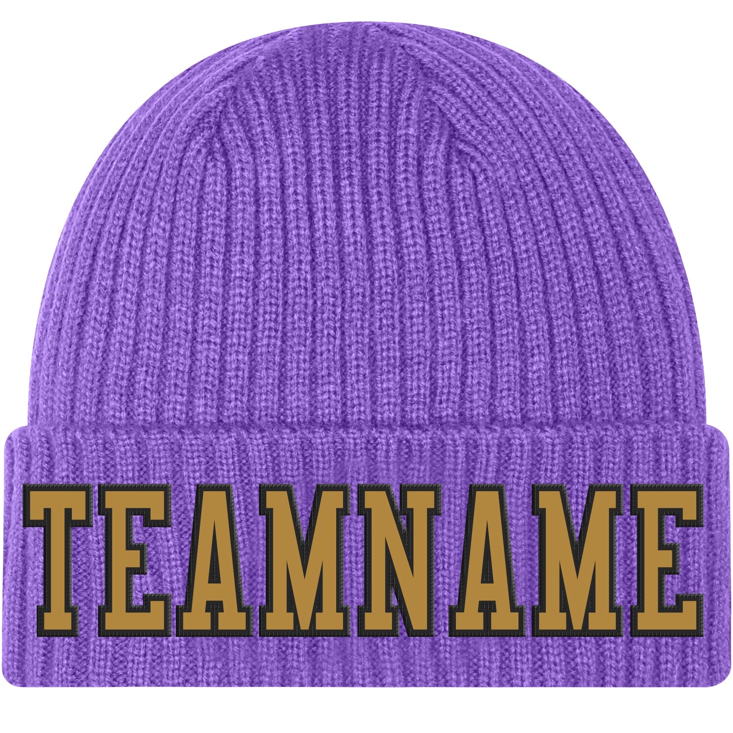 Custom Purple Old Gold-Black Stitched Cuffed Knit Hat - Main View