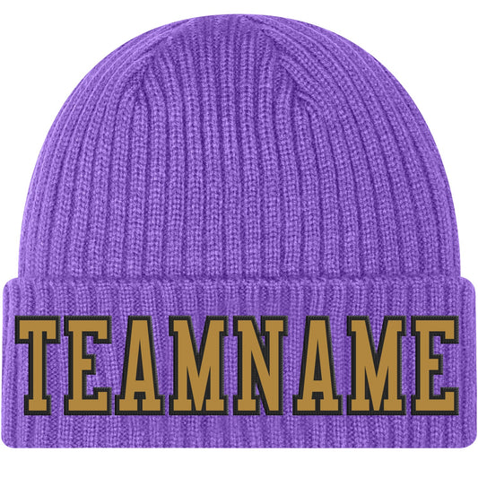 Custom Purple Old Gold-Black Stitched Cuffed Knit Hat - Main View